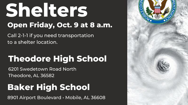 Three public shelters will open in Mobile County at 8 a.m. Friday ahead of Hurricane Isaias